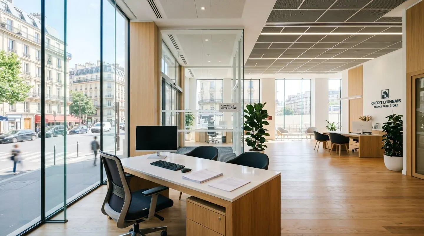 Intérieur lumineux d'une agence bancaire française moderne avec espace conseil vide, larges baies vitrées et mobilier contemporain épuré