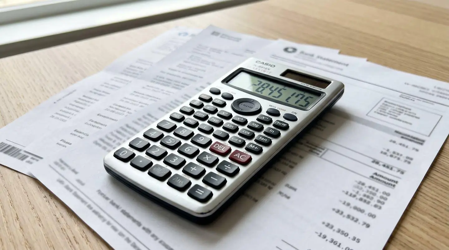 Gros plan sur une calculatrice posée sur des relevés de compte bancaire avec un stylo noir sur une surface de bureau en bois clair