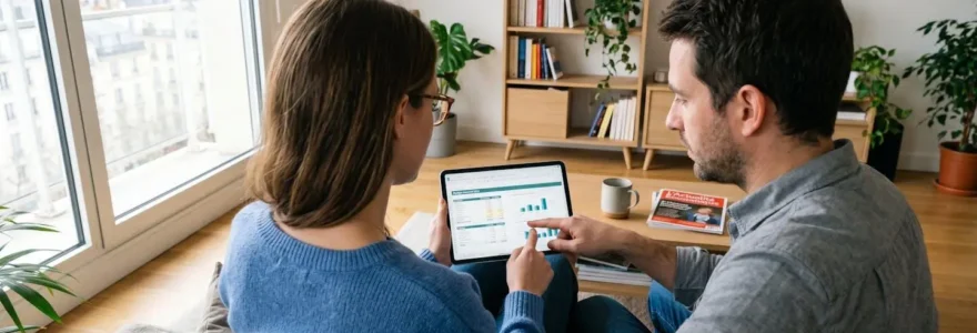 Un couple trentenaire vu de dos consulte ensemble des documents financiers sur une tablette posée sur une table de salon contemporaine