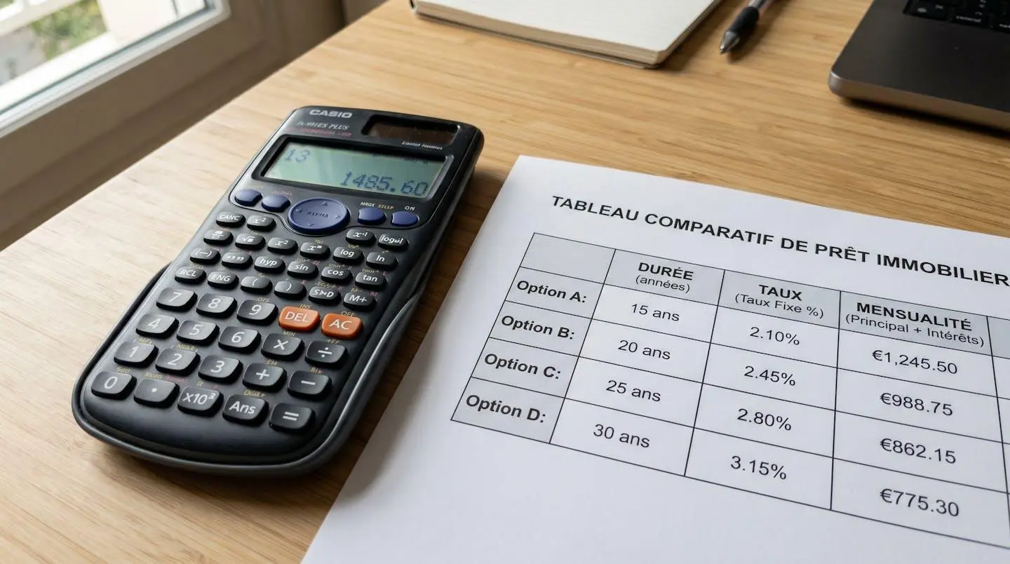 Gros plan d'une calculatrice moderne à côté d'un tableau imprimé comparant des mensualités de crédits avec colonnes visibles, sur un bureau blanc épuré, éclairage latéral naturel