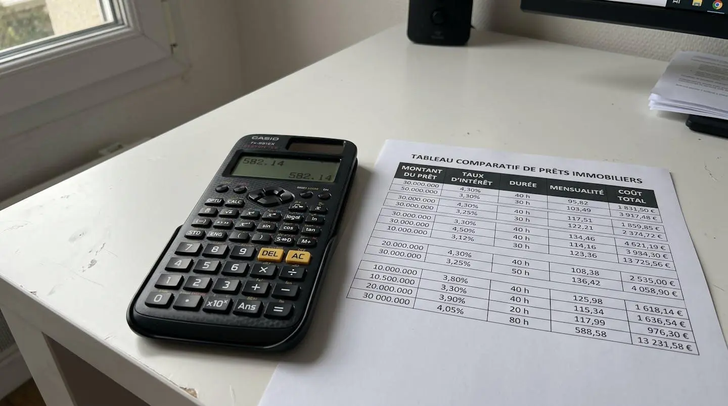 Gros plan d'une calculatrice moderne à côté d'un tableau imprimé comparant des mensualités de crédits avec colonnes visibles, sur un bureau blanc épuré, éclairage latéral naturel