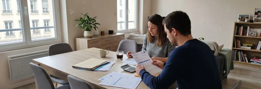 Jeune couple vu de dos et de profil assis à une table de salle à manger contemporaine, consultant des documents financiers et relevés bancaires étalés, lumière naturelle d'après-midi depuis la fenêtre