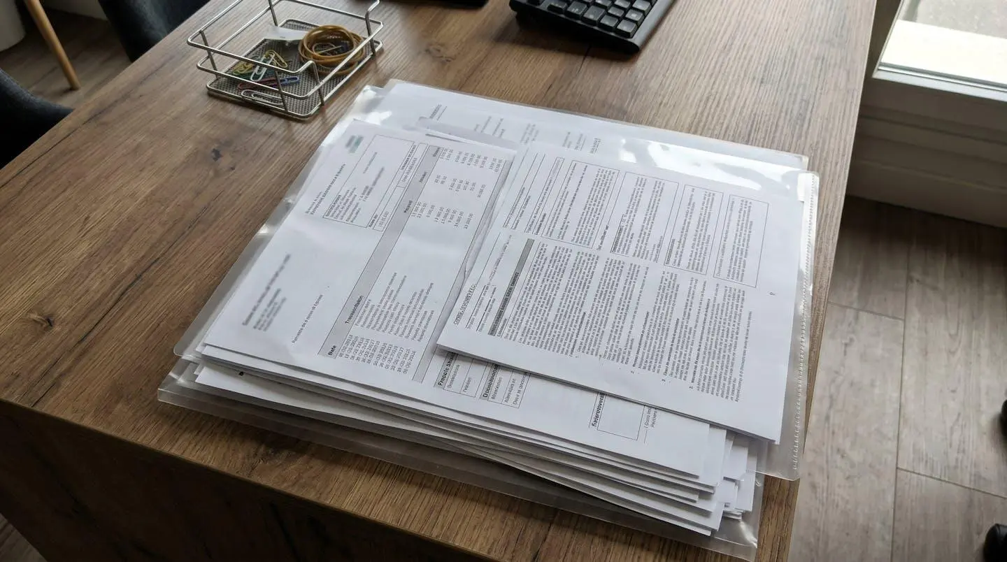 Vue de dessus d'un dossier transparent contenant des documents administratifs bancaires organisés, sur un bureau contemporain, lumière naturelle de fenêtre