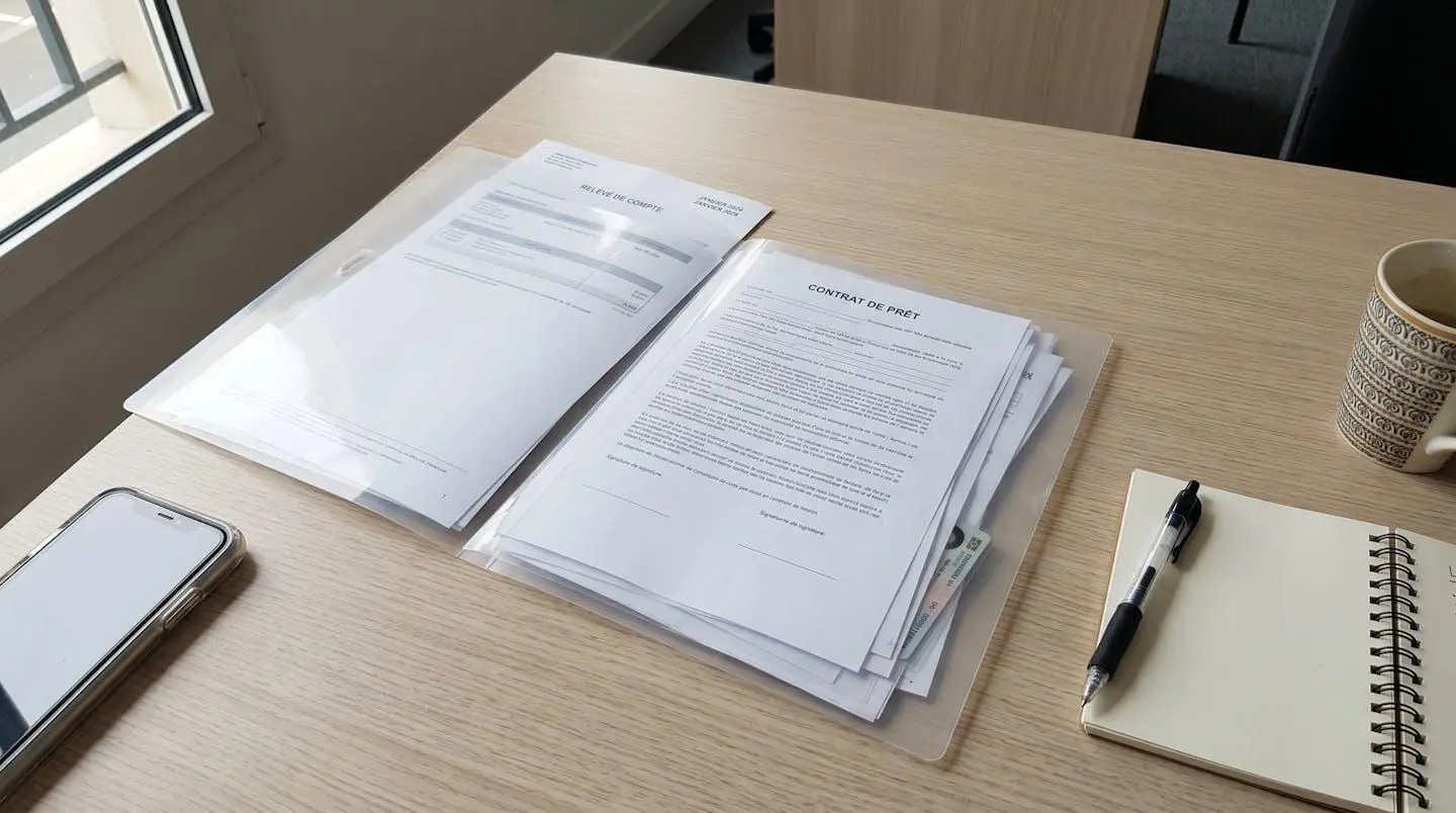 Vue de dessus d'un dossier transparent contenant des documents administratifs bancaires organisés, sur un bureau contemporain, lumière naturelle de fenêtre